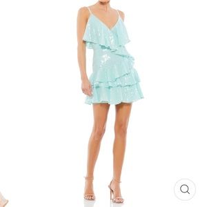 Mac Duggal Ieena sequin ruffle tiered faux wrap mini dress mint blue aqua size 0